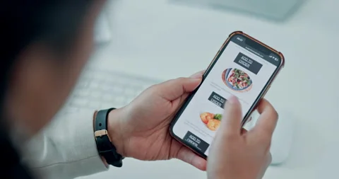 Hands, phone screen and scroll for food delivery at office with online shopping, Stock Footage 319638099