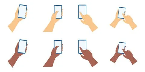 Hands with phones, using a mobile device vector illustration on white backgro Stock Illustration
