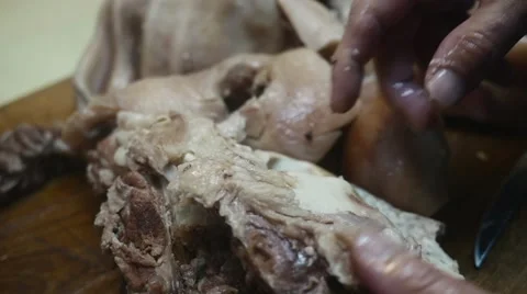 Hands picking the cooked meat in slow motion Video stock 44298101