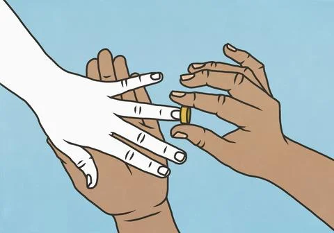 Hands placing engagement ring on ring finger against blue background Stock Illustration