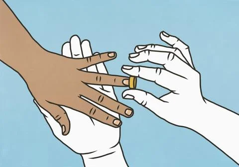 Hands placing engagement ring on ring finger against blue background Stock Illustration