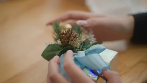 Hands placing pinecone, evergreen sprig, blue ribbon onto wrapped gift box Stock Footage 346635099