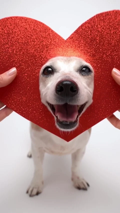 Hands placing sparkling red heart on head of funny smiling dog Vídeo Stock 287730089