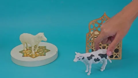 Hands placing toy sheep and cow near Islamic ornaments on blue background for Stock Footage 334637404