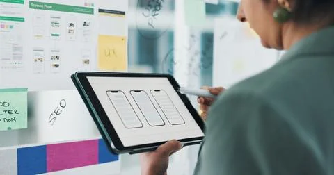 Hands, plan and ux design on tablet screen, phone or software update and di.. Stock Photos