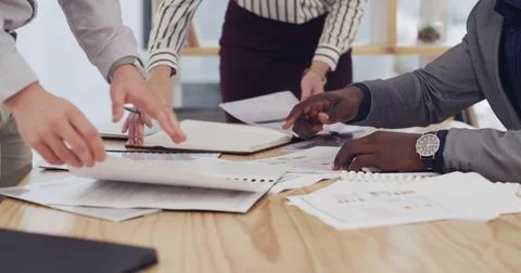 Hands, planning and people with documents, office or financial analyst with data Stock Photos