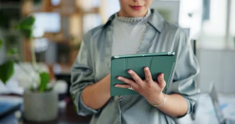 Hands, planning and tablet with business woman in green office for net zero Stock Footage 321112696