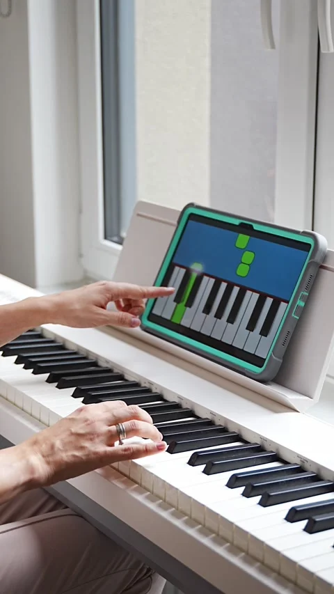 Hands playing a keyboard while following an interactive learning app on a tablet Stock Footage 303888650