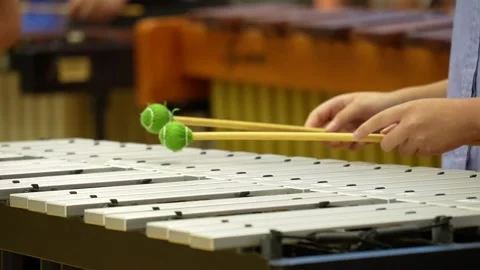 Hands playing vibraphone with green mallets. Stock Footage 339375980