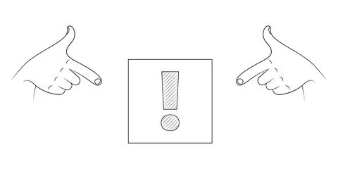 Hands pointing to an exclamation mark sketch illustration. Stock Illustration