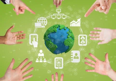 Hands pointing a globe with connectors Stock Photos
