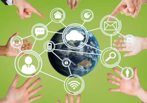 Hands pointing a globe with connectors Stock Photos