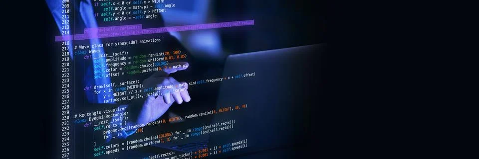 Hands pointing at glowing fictional code lines, representing virtual programming 스톡 사진