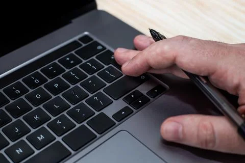 Hands Pointing Pressing Computer Keyboard Keys Typewriting New Ideas. Fingers Stock Photos