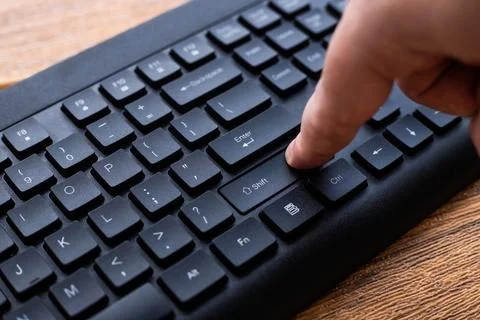 Hands Pointing Pressing Computer Keyboard Keys Typewriting New Ideas. Finge.. Stock Photos