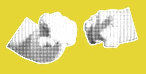Hands pointing at self retro halftone collage isolated background. Index fing Stock Photos