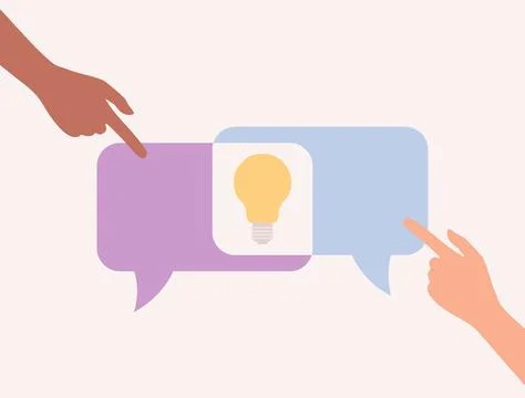 Hands pointing at speech bubbles with a light bulb Stock Illustration