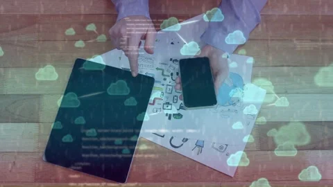 Hands pointing tapping starting cloud overlays fading in linking phone tablet Stock Footage 335281815