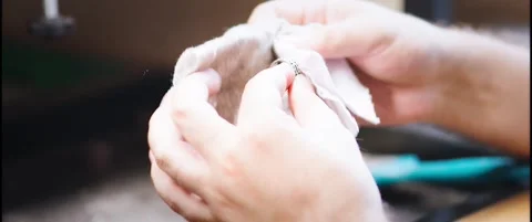 Hands Polishing a Silver Ring with a Cloth in Close-Up Vídeo Stock 342562561