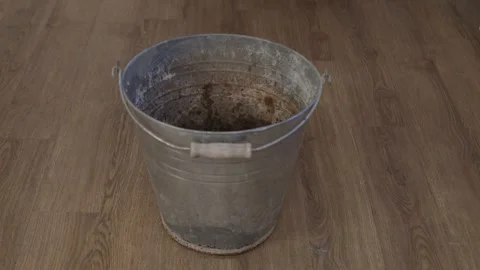 Hands Position Metal Bucket Under Leaky Roof Inside Home as Water Drips From Stock-Footage 295648213