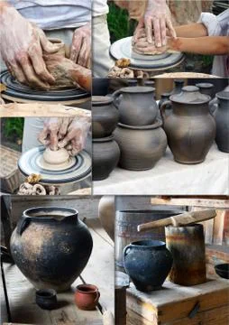 The hands of a potter help the child make a pitcher on a pottery wheel Foto stock