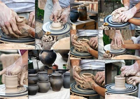 The hands of a potter help the child make a pitcher on a pottery wheel Stock Photos