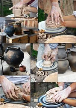 The hands of a potter help the child make a pitcher on a pottery wheel Foto stock