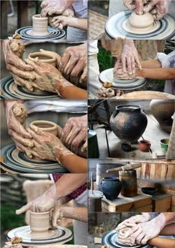 The hands of a potter help the child make a pitcher on a pottery wheel Foto stock