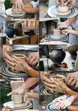 The hands of a potter help the child make a pitcher on a pottery wheel Stock Photos