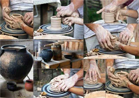 The hands of a potter help the child make a pitcher on a pottery wheel Stock Photos