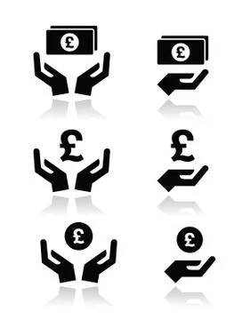 Hands with pound banknote, coin vector icons set Stock Illustration
