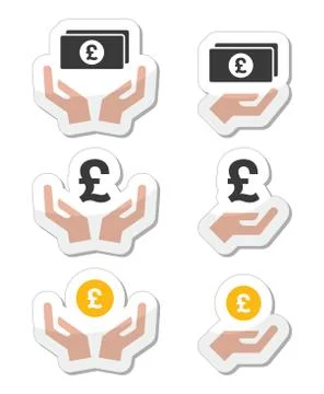 Hands with pound banknote, coin vector icons set Stock-Illustration