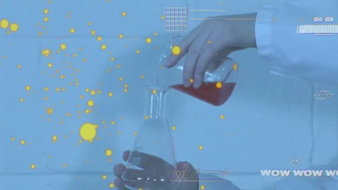 Hands pouring red liquid into flask with yellow particle animation overlay Видео 306200113