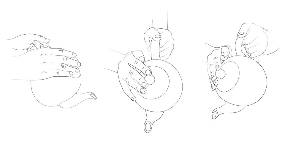 Hands pouring tea from teapot vector sketch set. Teapot from different sides. Stock Illustration