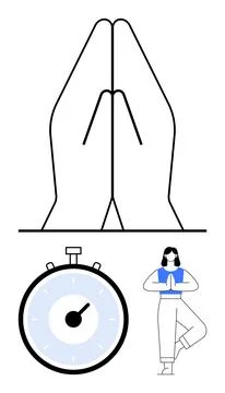 Hands in Prayer Pose, Stopwatch, and Yoga Practitioner in Tree Pose Emphasi.. Stock Illustration