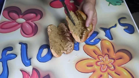 Hands Preparing Brown Bread Sandwich Top Down Stock Footage 343385902