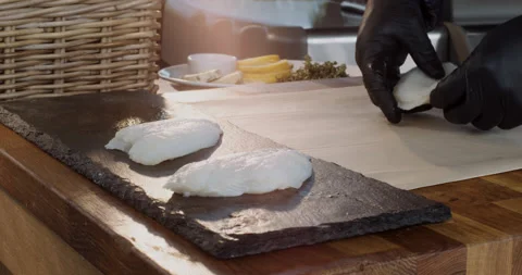 Hands preparing dinner, fresh fish lunch. Stock Footage 149114859