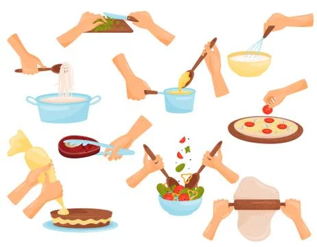 Hands preparing food, process of cooking pasta, meat, pizza, confectionery Stock Illustration