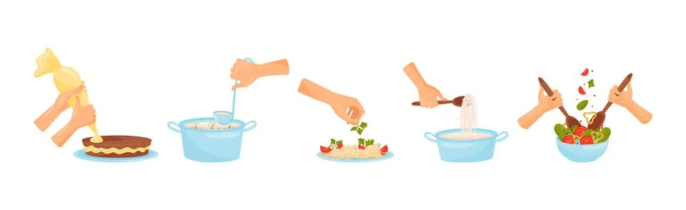 Hands Preparing Food Process of Cooking Vector Set 스톡 일러스트