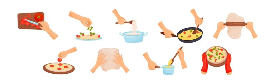 Hands Preparing Food Process of Cooking Vector Set Stock Illustration