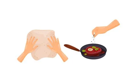 Hands Preparing Food Rolling Out Dough and Peppering Steak on Frying Pan Vector Stock Illustration