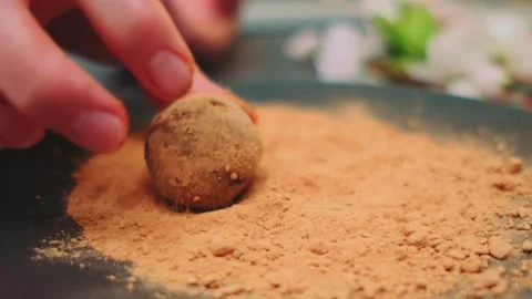 Hands Preparing Homemade Date and Peanut Sweets with Carob Powder Indoors Vídeo Stock 342871593
