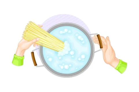 Hands Preparing Pasta Putting Spaghetti in Hot Boiling Water Above View Vector Stock Illustration