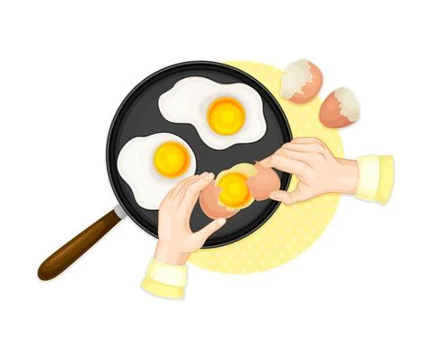 Hands Preparing Scrambled Eggs in Frying Pan Above View Vector Illustration 库存插图