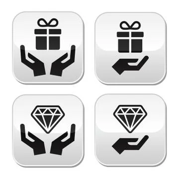 Hands with present and diamond buttons set Stock Illustration