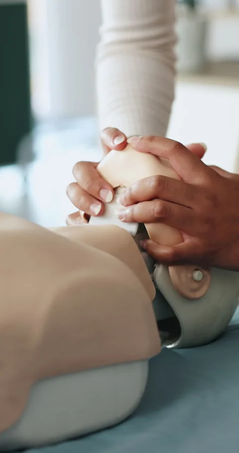 Hands, presentation and course with dummy for cpr, life saving or mannequin at Stock Footage 332969460