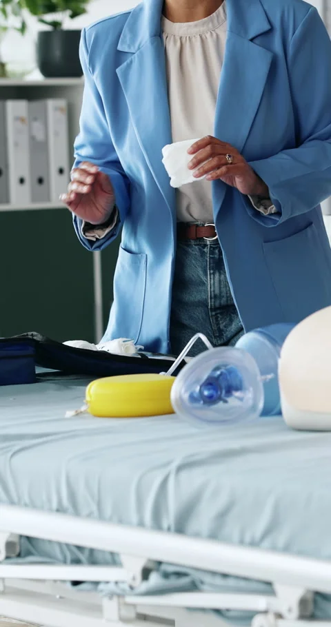 Hands, presentation and training with bandage with first aid, teaching and gear Stock Footage 332967650