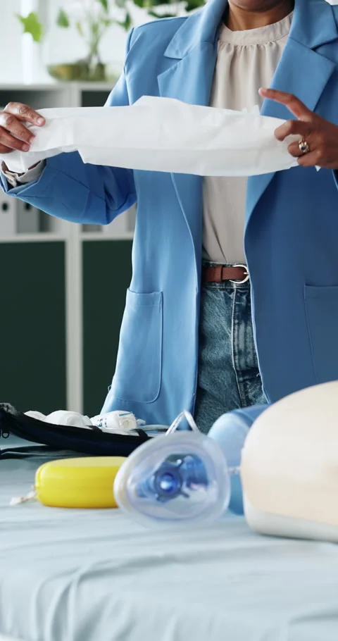 Hands, presentation and training with gauze for first aid, teaching and gear Stock Footage 332984155