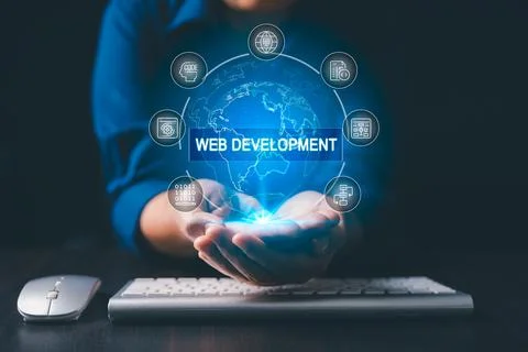 Hands presenting glowing web development interface over keyboard global dig.. Foto stock