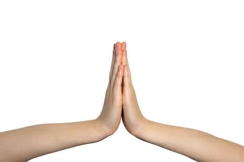 Hands Pressed Together in Prayer Gesture Close Up Minimalist White Background Stock Photos